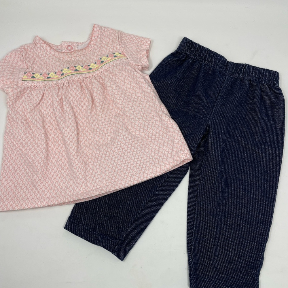 Baby 2pc Peach Babydoll Diamond Pattern Tee Shirt Dark Denim Leggings Size 12m